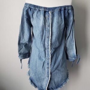 Off-Shoulder Denim Button-Front Tunic